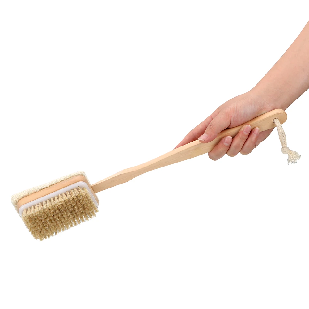 Body Back Cleaning Brush Skin Cuticle Grease Remove Wooden Handle Loofah Bristle Both Side Bath Brush Massage Shower Bath Sponge 2