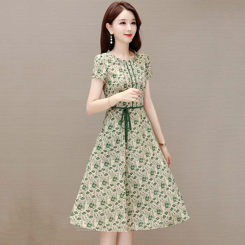 Elegant Ruffled Neck Pockets Printed Bandage Floral Dress Women's Clothing 2024 Summer New Loose Office Lady Chiffon Party Dress