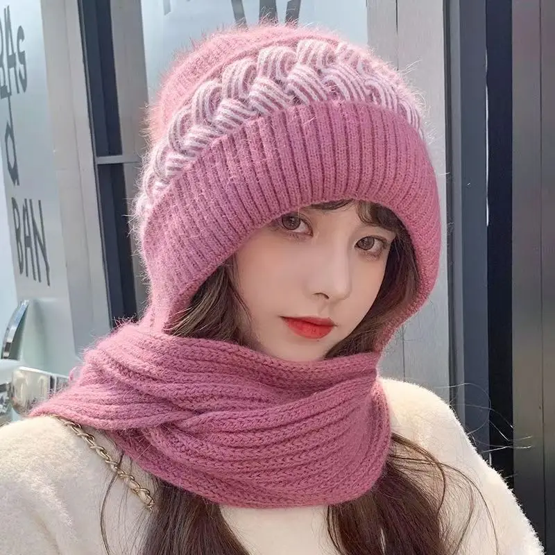 

New Style Snow Hat Scarf Season Earflaps Cap Two-Piece Set Women's Knitted Woolen