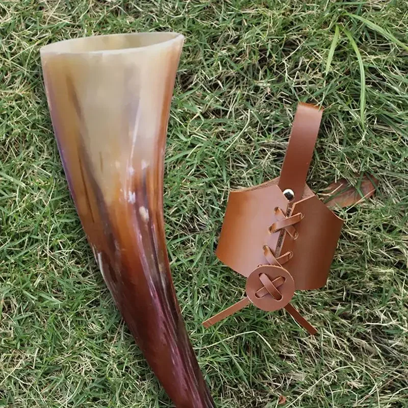 천연 바이킹 마시는 경적 머그잔, 맥주 마시는 컵, 가죽 케이스 포함 