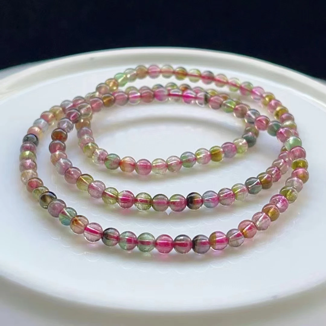 

Natural Colorful Red Tourmaline Beads Bracelet 4.3mm 3 Laps Clear Round Beads Watermelon Candy Tourmaline Women Jewelry AAAAAAA