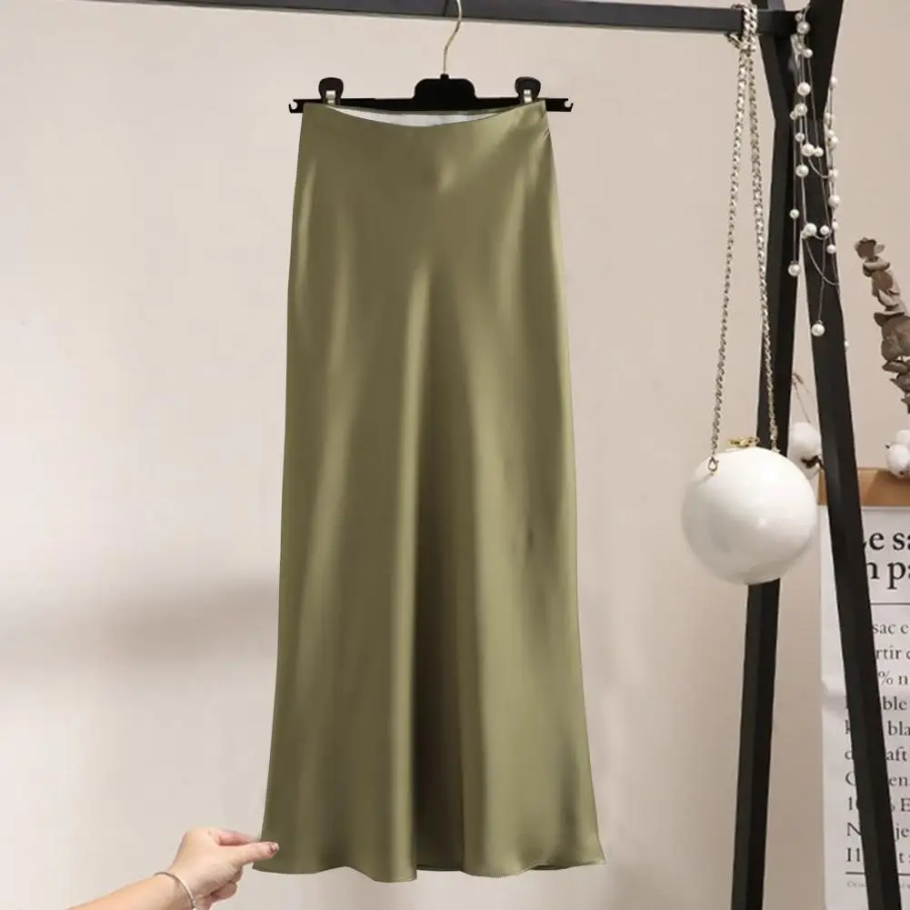 

Autumn Women's Fashion 2024 Flowing Satin Midi Skirt Women Vintage Elastic High Waist Flared Hem High Street Female Long Skirts