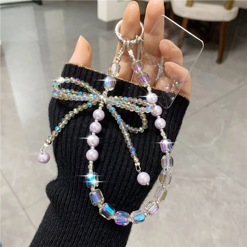 럭셔리 라인스톤 보우 비즈 휴대폰 체인 끈 범용 팔찌 튼튼한 여성용 폰 참 장식품 분실 방지 키체인 펜던트