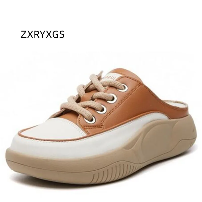 

ZXRYXGS Round Head Lace-up Summer Outerwear Genuine Leather Slippers Wedges 2024 New Spring Summer Casual Slippers Woman's Shoes