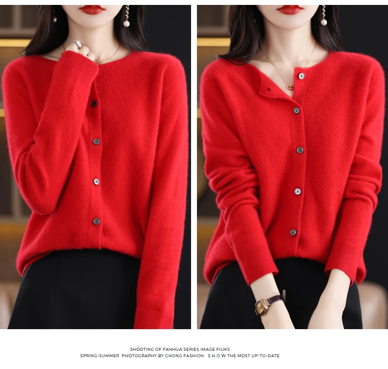 Women 100% Merino Wool Sweater Autumn Winter O-Neck First Line Seamless Cardigan Long Sleeve Clothing Cashmere Knitwear Tops
