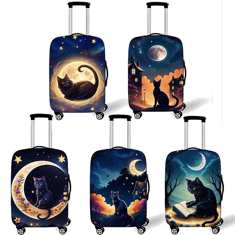 Kawaii Black Cat Moon Print Luggage Cover Starry Sky Kitten Travel Accessories Anti-dust Suitcase Protective Trolley Case Covers