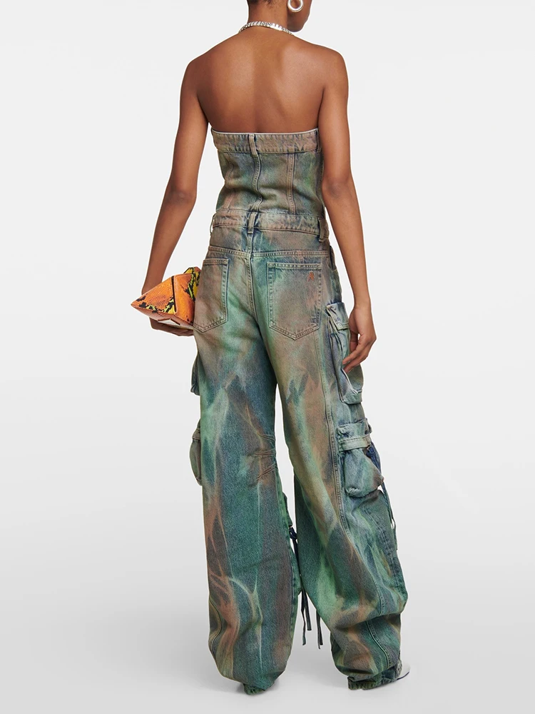 CHICEVER Y2K Denim Jumpsuits For Women Strapless Sleeveless Off Shoulder High Waist Patchwork Pockets Hit Color Jumpsuit Female