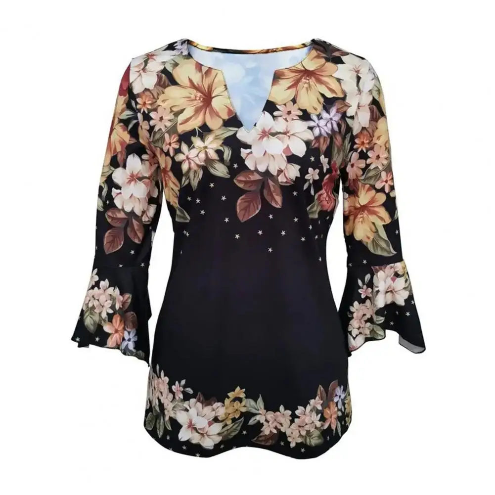 Relaxed Fit 3/4 Sleeve Top Floral Print V-neck 3/4 Sleeve T-shirt for Women Lightweight Streetwear Top with 3d Printed Design