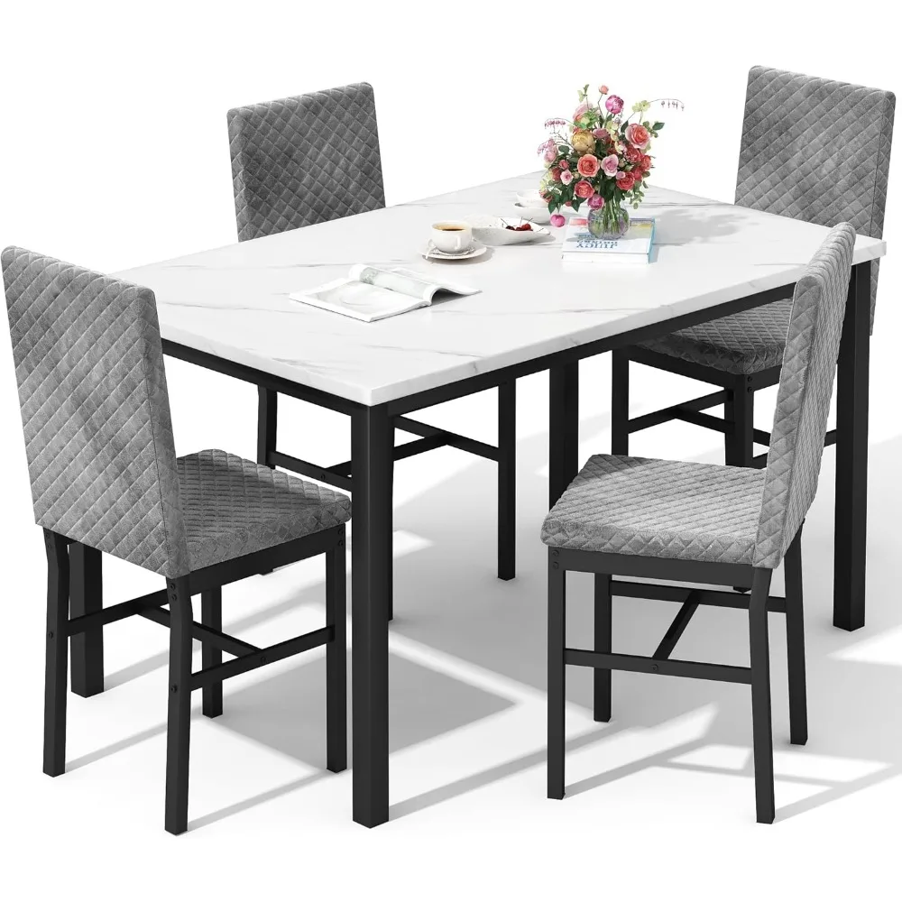 Dining Table Set, Kitchen Table and Chairs Set, Dinner Tables Set with 4 Upholstered Velvet Chairs, Dining Room Tables Set