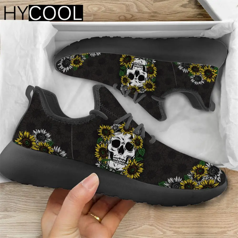 

HYCOOL Fashion Design Women Men Running Sneakers Sugar Skull With Sunflower Print Flats Female Lace Up Sport Shoe Scarpe Donna