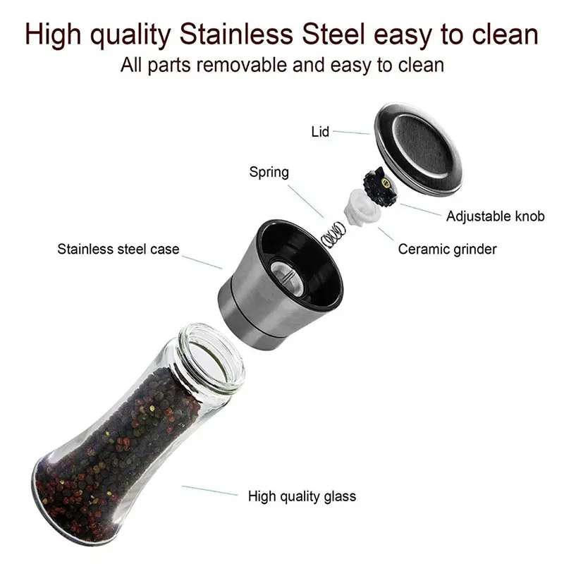 Manual Salt and Pepper Shakers Set With Stand Stainless Steel Salt Pepper Mill Manual Spice Pepper Grinder Home BBQ Mill Set