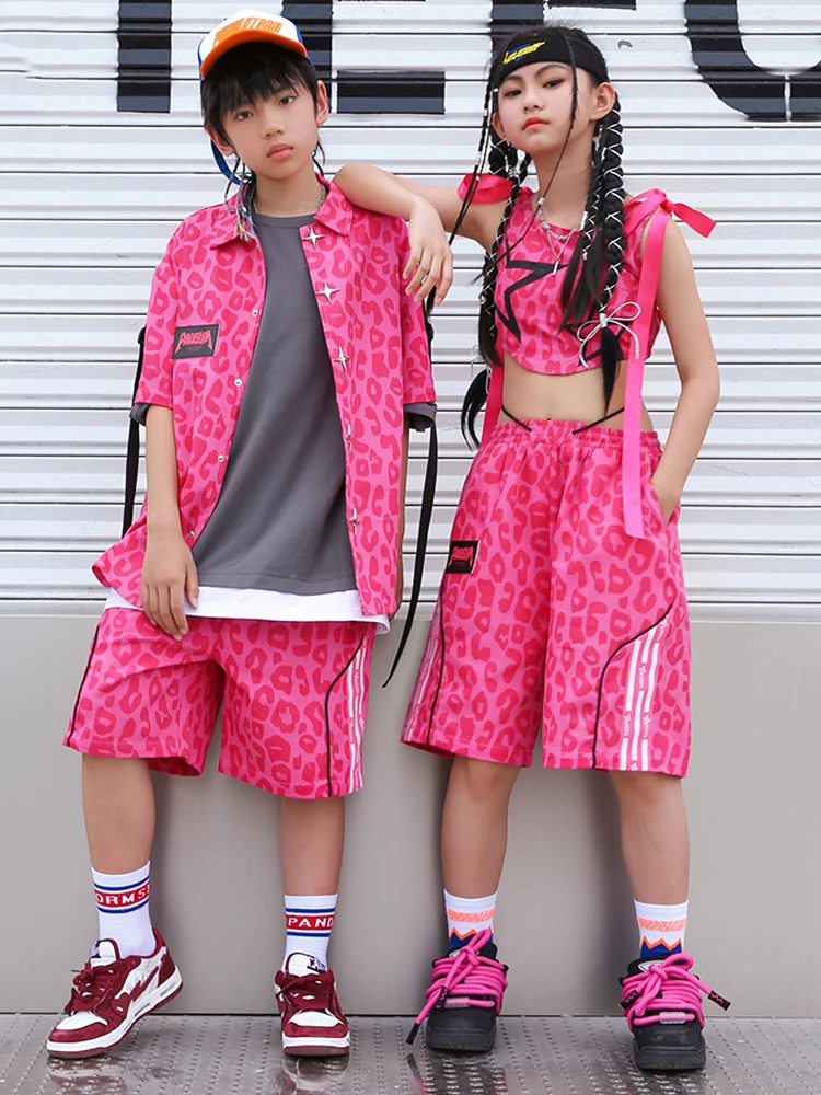 Clothing Summer Street Dance Drum Show Kpop Stage Outfit Pink Leopard Girls Boys Hip Hop Dance Costume Jazz Performance