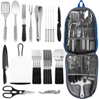 Portable Camping Kitchen Utensil Set, 27-Piece Stainless Steel Outdoor Cooking and Grilling Utensil Organizer 1