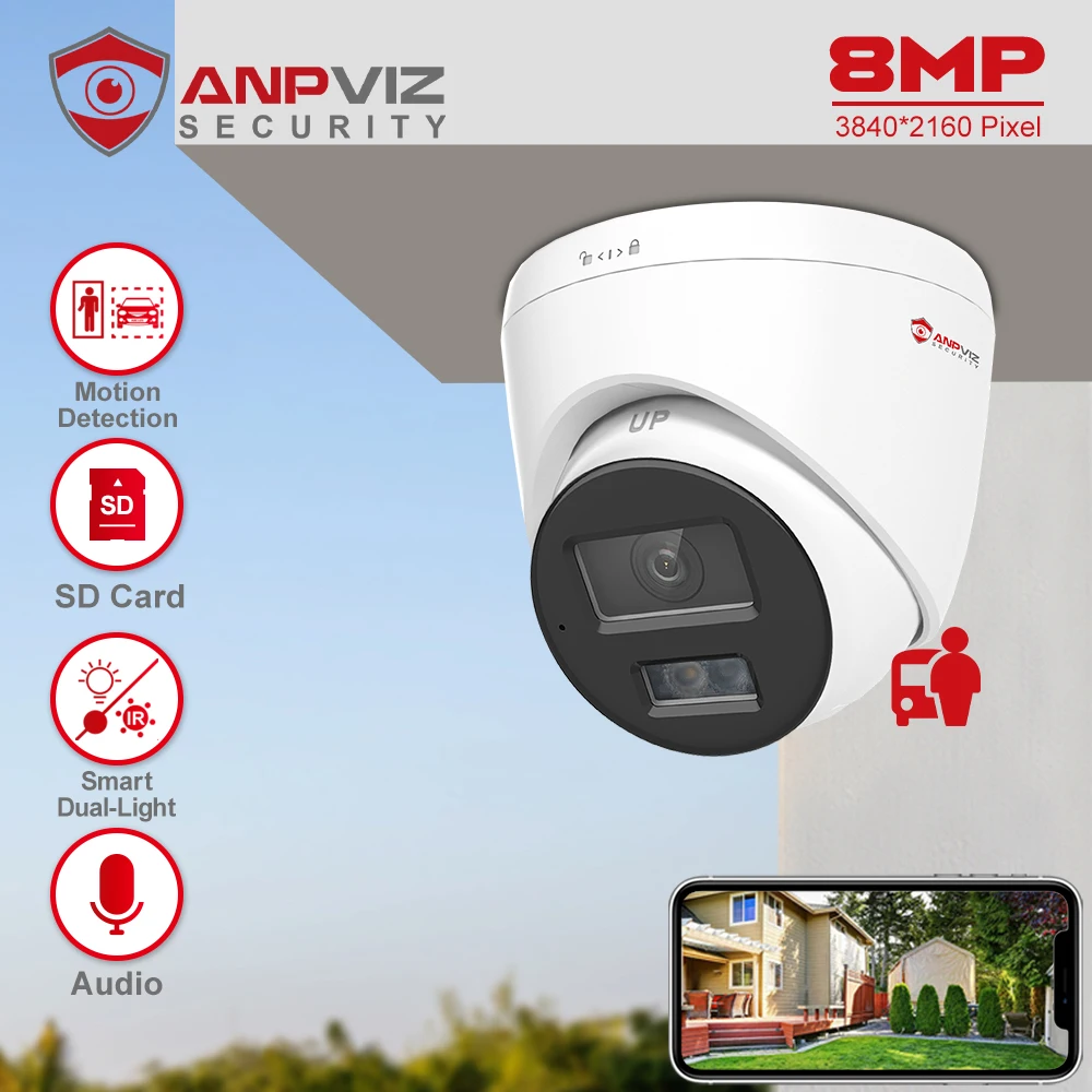 Anpviz 8Mp Smart Dual-Light Poe Ip Camera Outdoor 24/7 Colorvu Cctv Videosorveglianza Ip67 Sd Card H.265 Motion Detection 2.0