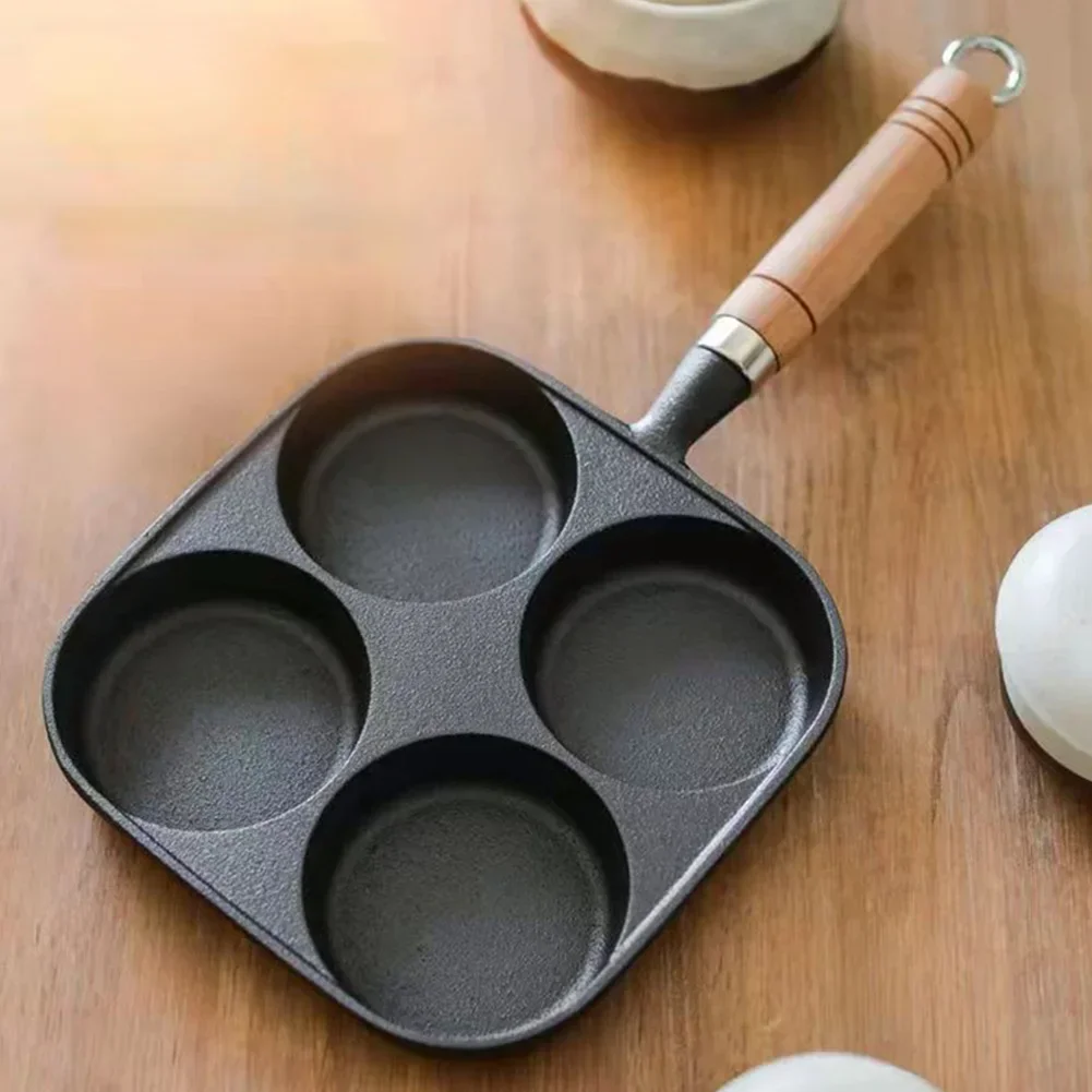 4-Hole Non Stick Omelet Pan Breakfast Burger Egg Pancake Maker Wooden Handle Cookware Pancake Pan for Gas Stove Induction Cooker
