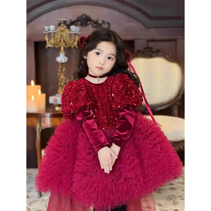 

Girls Ball Gowns Red Birthday Party Dress Infant Elegant Big Bow Children Sequins Puff Sleeves Kids Clothes Pageant Vestidos
