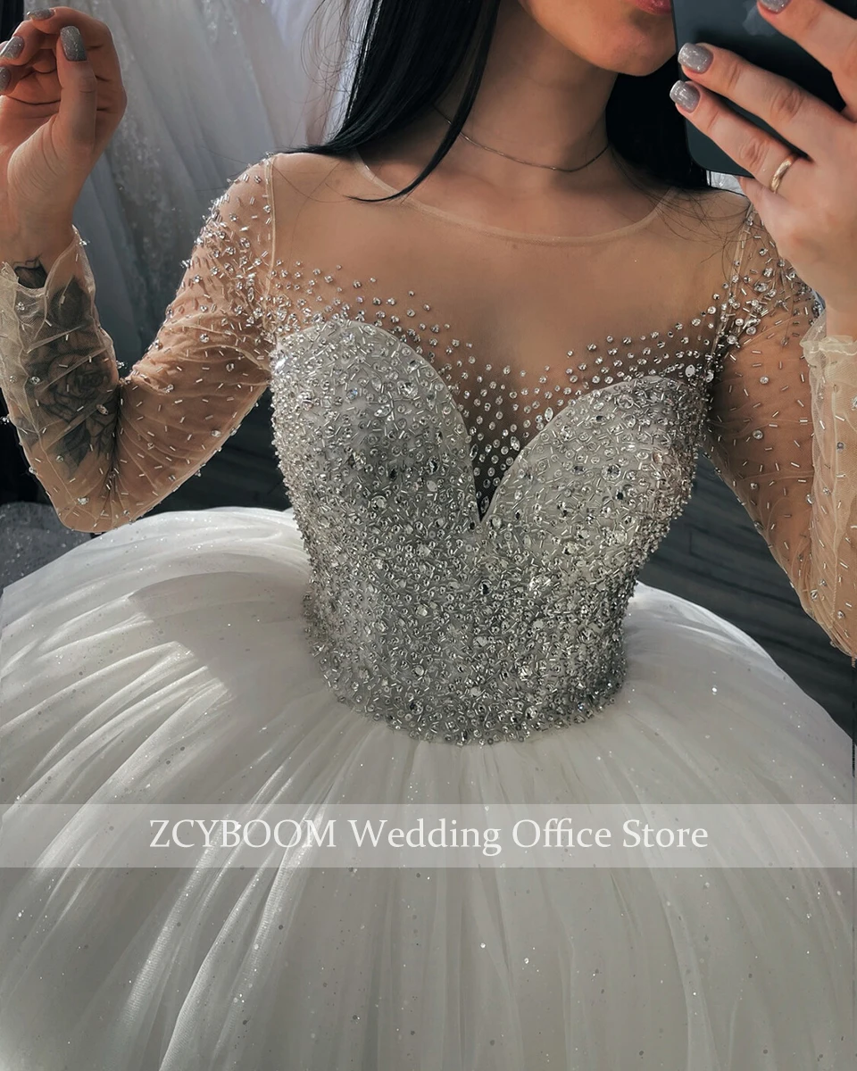 Luxuriöse Funkelnde Kristall-Perlen Ballkleid Hochzeitskleider 2026 Prinzessin Arabisch Dubai Langarm Brautkleider Vestido De Noiva – Detail 4