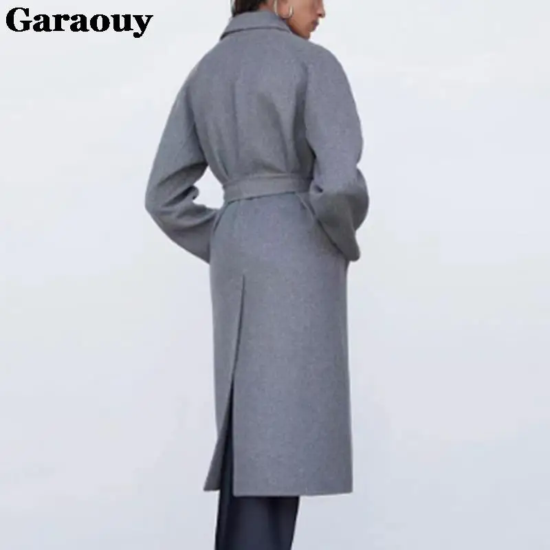 Garaouy Autumn Winter Women Basic Lapel Solid Belt Woolen Coat Female Casual Commut Outwear Loose Midi Length Jacket Overcoat 2