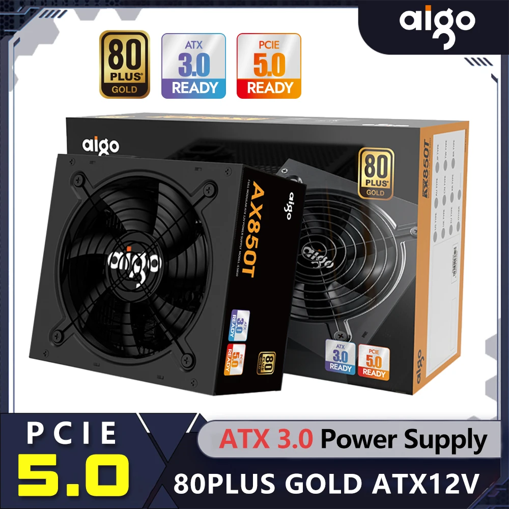 Alimentation AIGO AX 850 W PCIE 5.0 ATX 3.0 entièrement modulaire, certifiée 80Plus Gold, pour cartes graphiques NVIDIA RTX 20/30/40 AMD