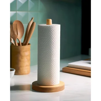Bamboo Paper Towel Holder Wooden Dispenser Round Countertop Stand Kitchen Bathroom Organization Jewelry Accessories Storage Rack