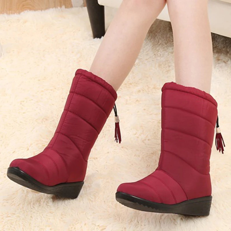 Snow Boots Women Winter Waterproof Mid-Calf Boots Fur Plush Warm Shoes Tassel Black Couple Fashion