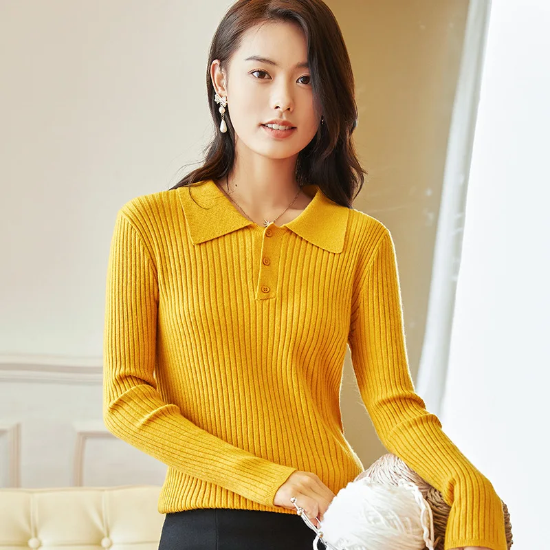 

New 2023 Sweaters Women Long Sleeve Polo Collar Vintage Slim Fit High Strecth Buttons Knitting Tops Basic Winter Pullovers