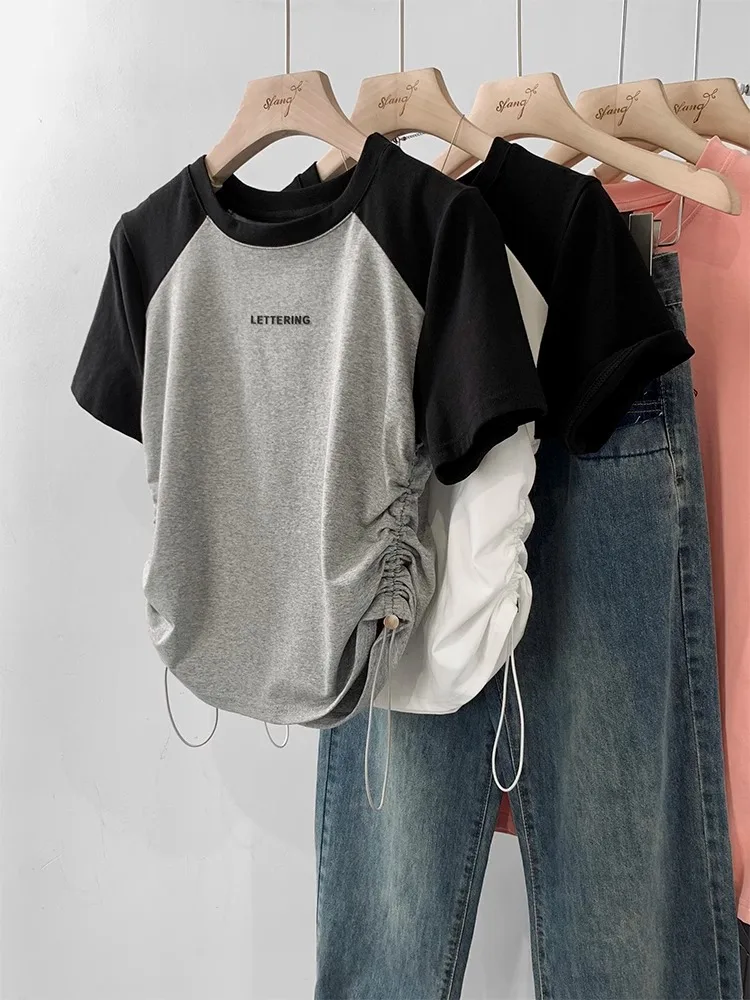 그레이 아메리칸 스타일 빈티지 Drawstring 티셔츠 여성 여름 Sensibility 틈새 몸집이 작은 짧은 소매 슬림 피트 탑 당신을 위해 