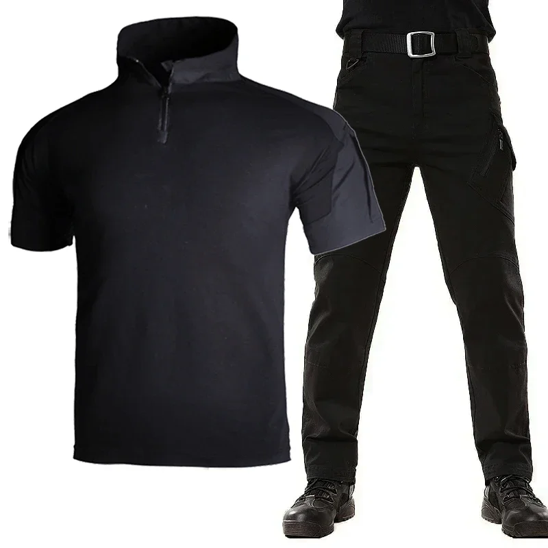 CamSolomon-Ensemble d'uniformes d'été pour hommes, T-shirt court noir imbibé, chemise multicam respirante, uniforme DulCargo, ensemble de chasse