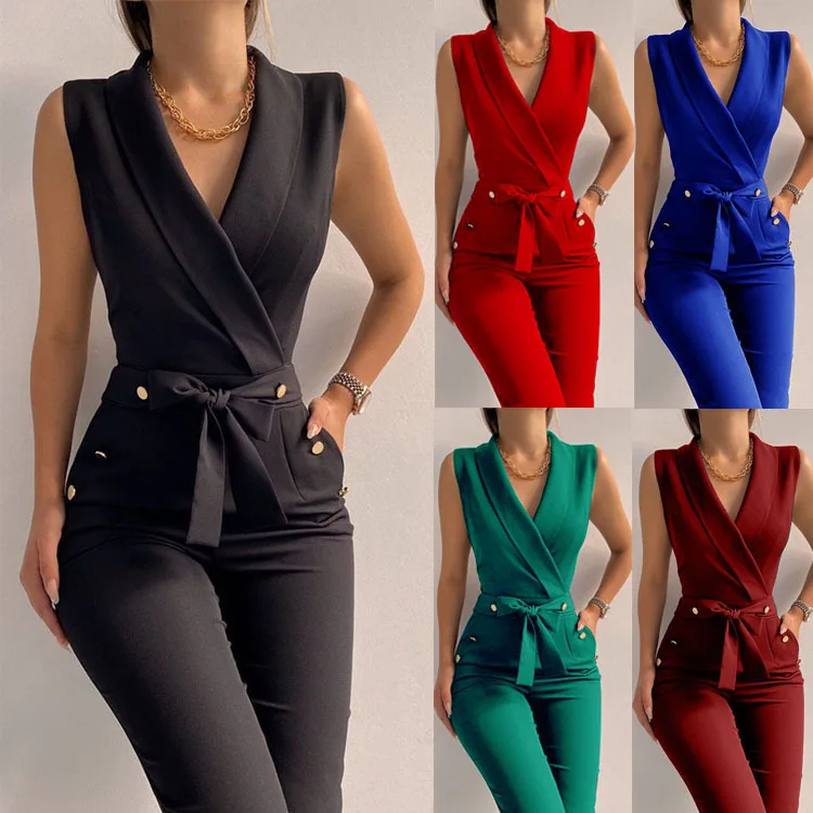 

Women Summer Jumpsuits and Rompers Button V-neck Slim Long Playsuits Ladies Bussiness Work Bodysuits