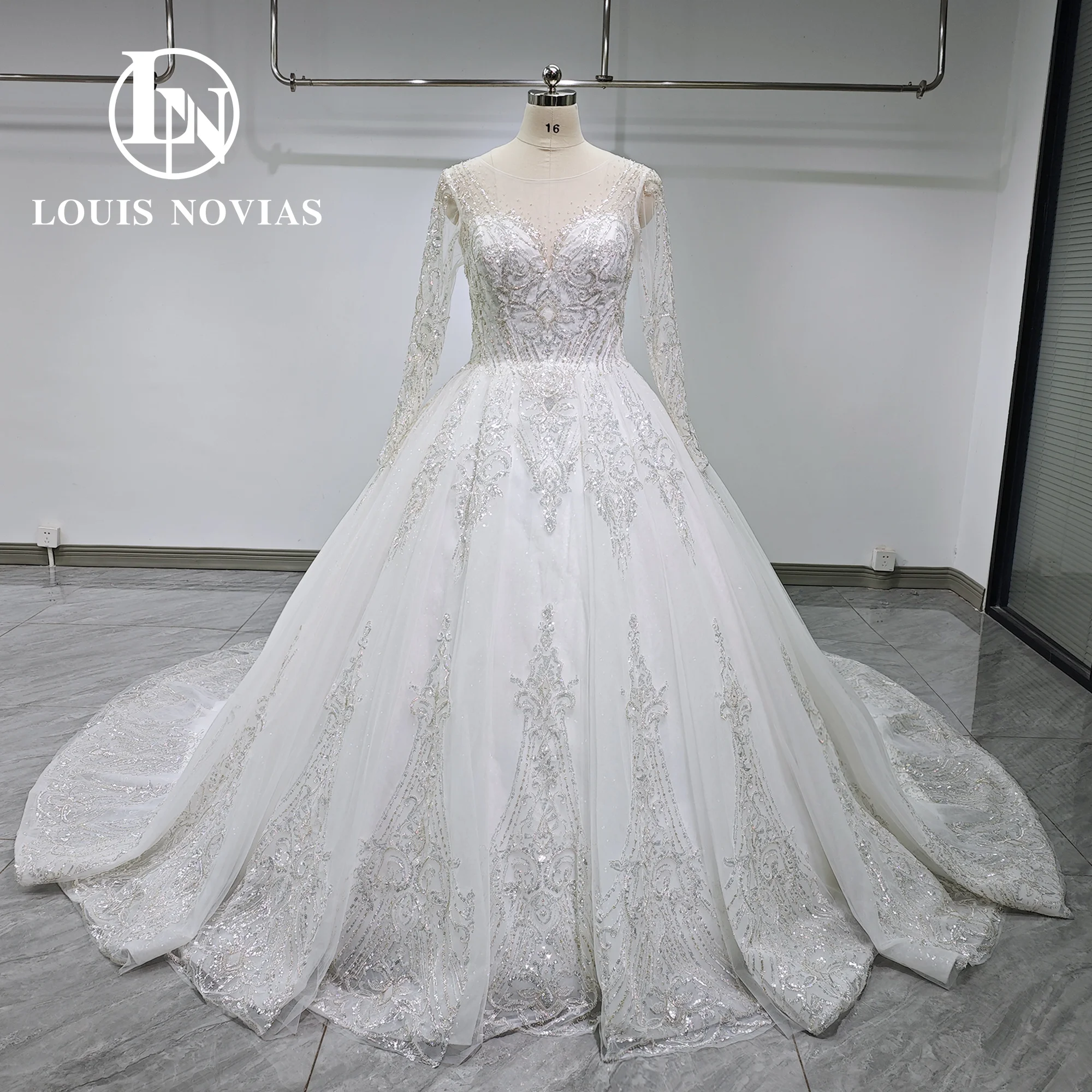 

LOUIS NOVIAS Ball Gown Wedding Dress Real photos 2024 Long Sleeve Appliques Semi-Transparent Lace Wedding Gown Vestidos De Novia