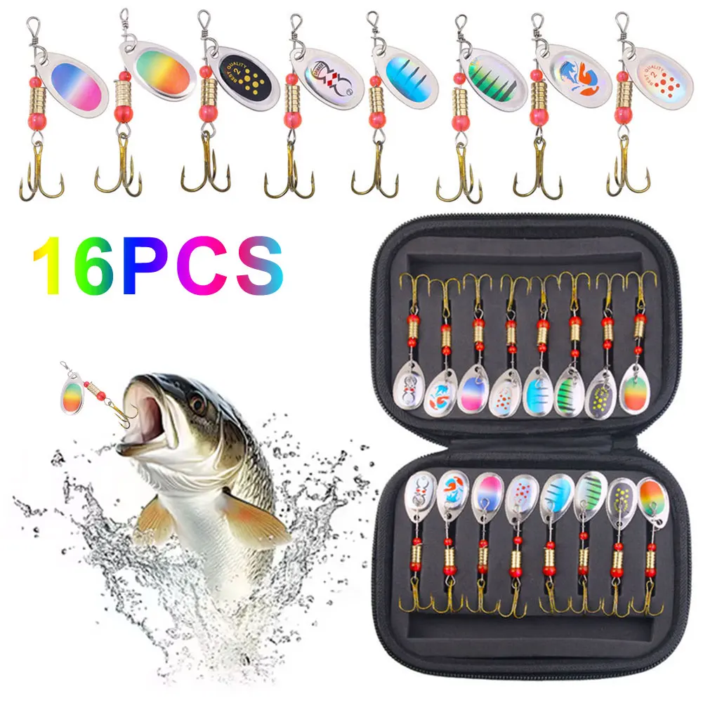 16Pcs Spoonbait Crankbaits with Treble Hooks Artificial Bait Rotating Spoon Kit for Bass Pike Trout Freshwater/Saltwater Fishing