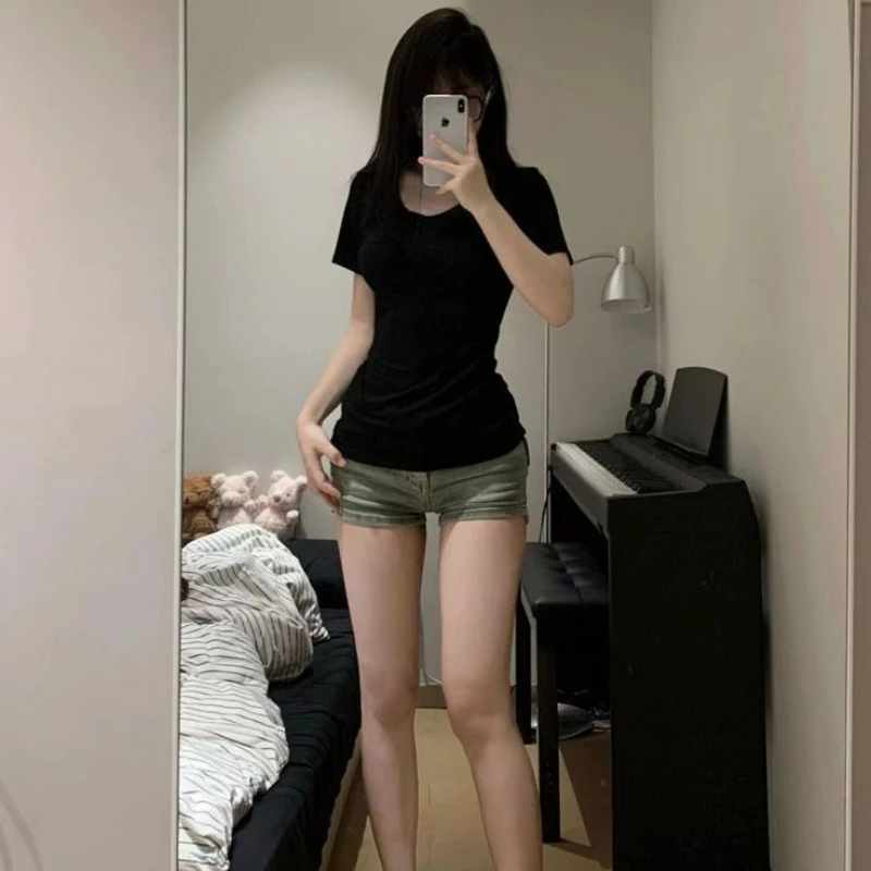 T-Shirts Women Summer Hot Girls Abdomen Short Slim American Style Spicy High Waist Tops Solid Simple Leisure All-match V-Neck 3