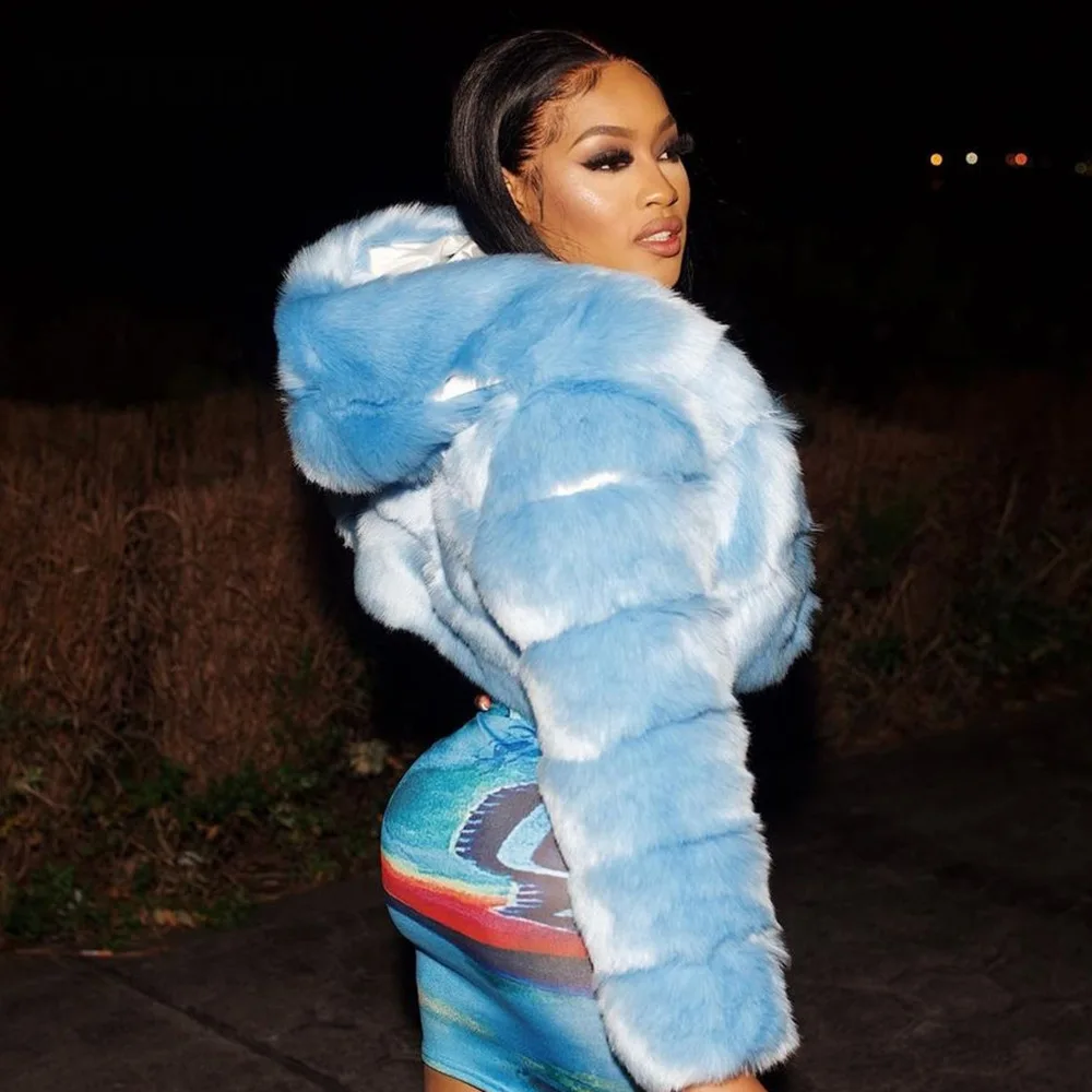 EINYOO Winter Women's Fashion Long Sleeve Hooded Spliced Faux Fur Coats Elegant Girl's Prom Party Sexy Vestidos Traf Y2K Zevity