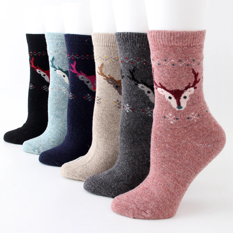 

6 Pairs Of Women's Winter Warm Thickened Jacquard Elk Christmas Socks Lovely Casual Wool Socks