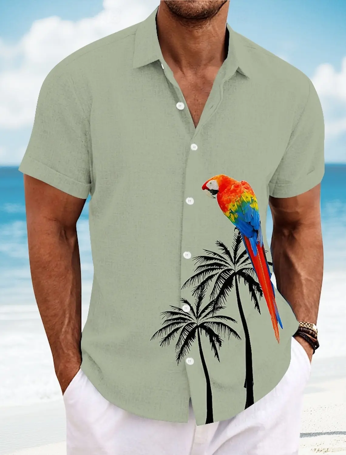 Camisa Masculina Manga Curta Com Botões/camisa Havaiana Colorida Bonita Pássaro Casual Estampa Camiseta Blusa, Verde, Medium