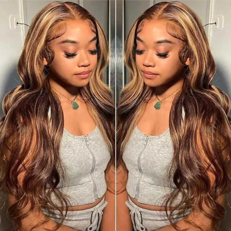 Ombre Honey Blone Wigs 4x4 Body Wave Preplucked Lace Frontal Wig Highlight Brown Human Hair 13x4 Lace Front Wigs For Women