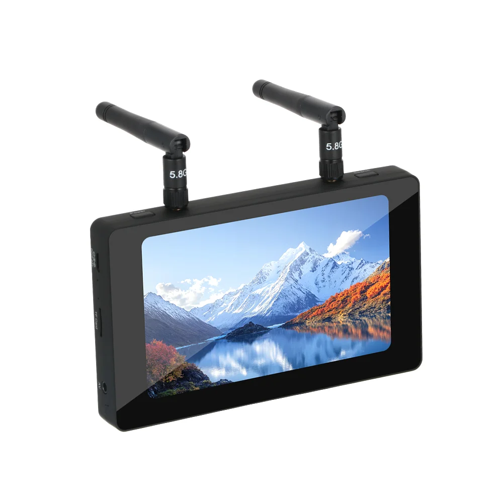 Moniteur FPV 5 pouces 5.8GHz avec DVR et récepteur diversité DMKR, montrant les entrées antennes et ports.
