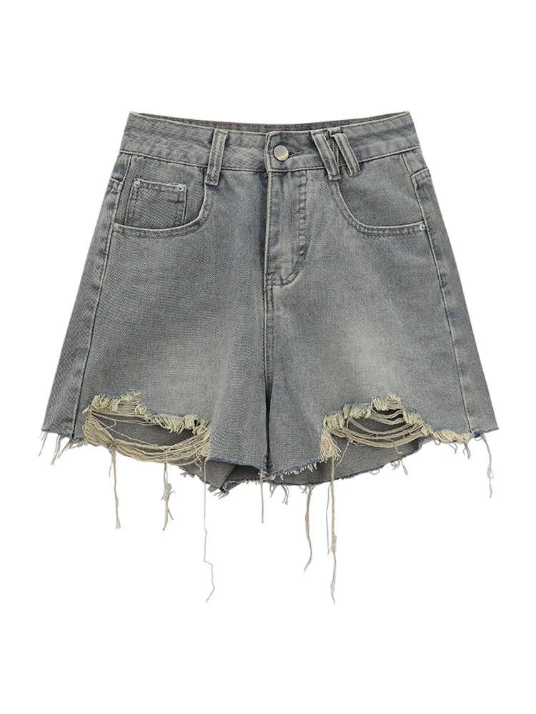 Perforated Denim Shorts For Women 2024 New Retro High Waisted Slimming Design Blue Jeans Summer Casual A-line Wide Leg Pants