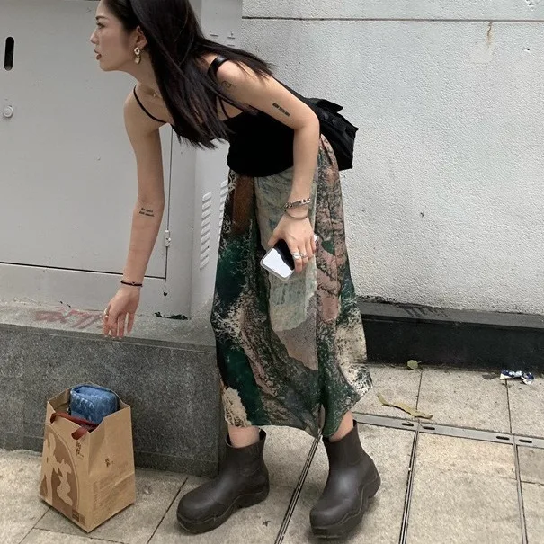 

3D Graffiti Colorblock Contrast Print Midi Long Skirt 2023 woman y2k skirts women fashion korean clothes summer vintage harajuku