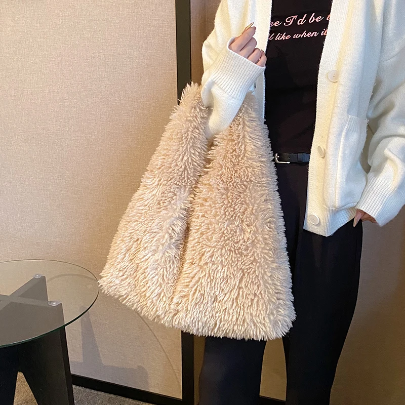 

Solid Soft Warm Lamb wool Handbags for Women 2023 Winter Shoulder Side Bag Vintage Large Shopper Shopping Bags Plush Totes