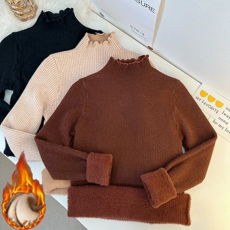 السيدات طويلة الأكمام الصوف مبطن سميكة الدافئة لاعبا 2025 المرأة الشتاء الياقة المدورة سترة الإناث الصلبة Ruched بلوفر مغزول