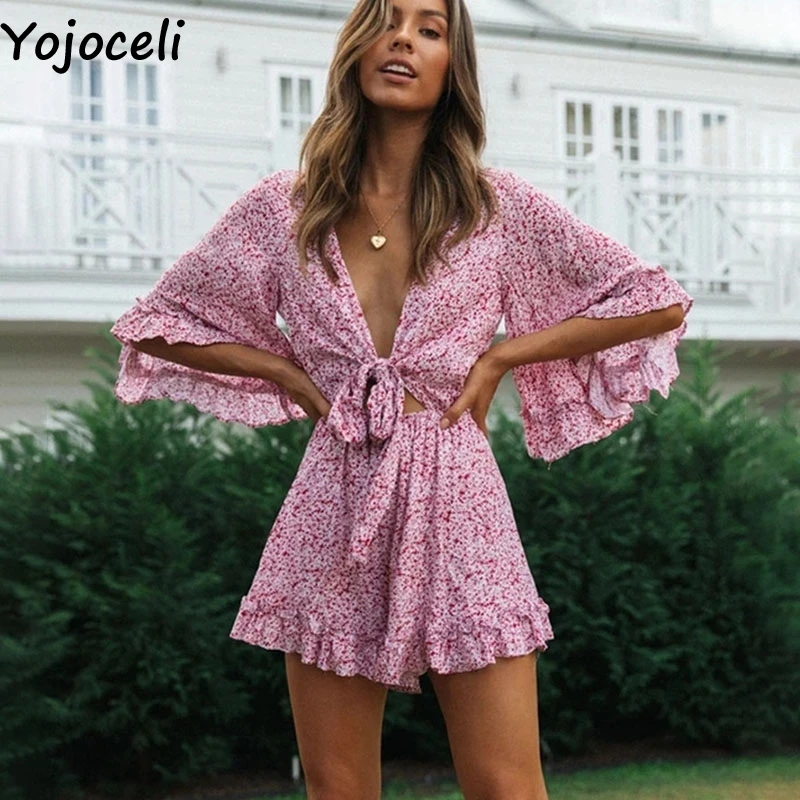 

Yojoceli Sexy ruffle floral short playsuit women Summer elegant casual bow elegant jumpsuit romper Casual cool daily overalls