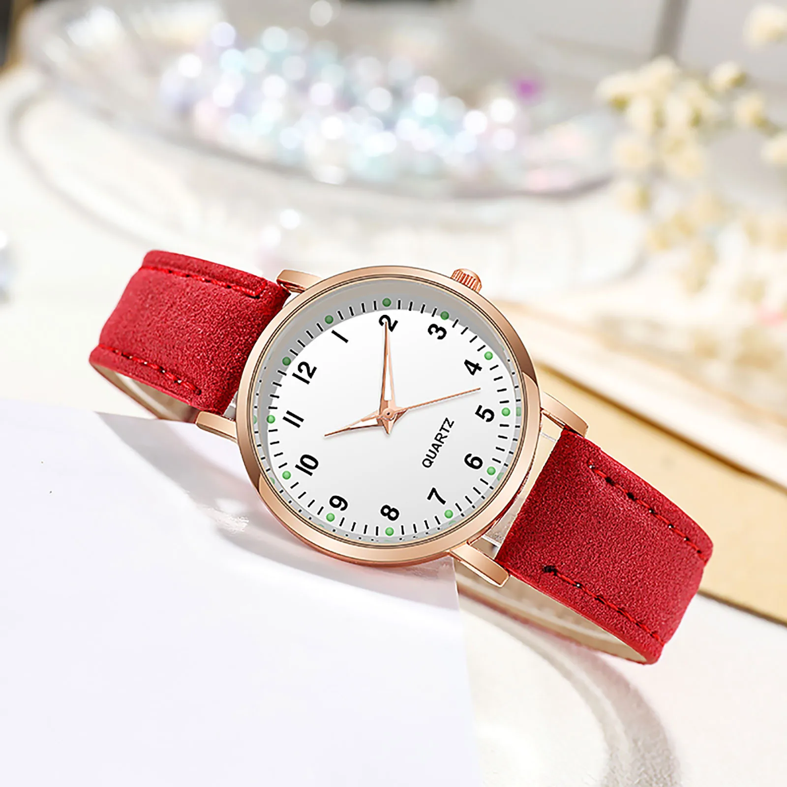Elegant Women's Frosted Round Quartz Watch with Leather Strap