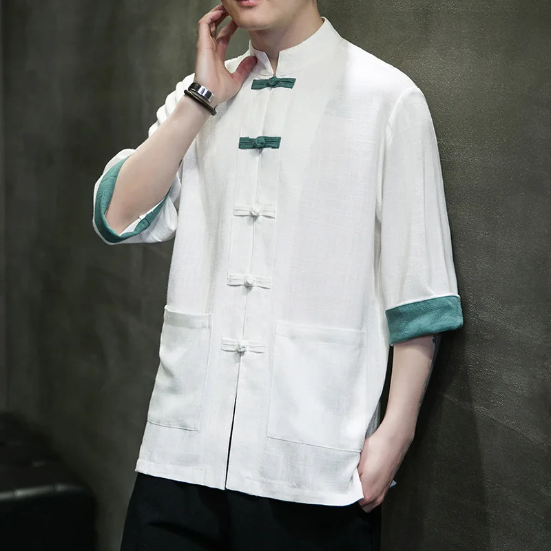 

Cotton Linen Short Sleeve Shirt Men Summer Thin Chinese Traditional Clothing Tang Style Button Up Kung Fu Shirts Plus Size 5xl