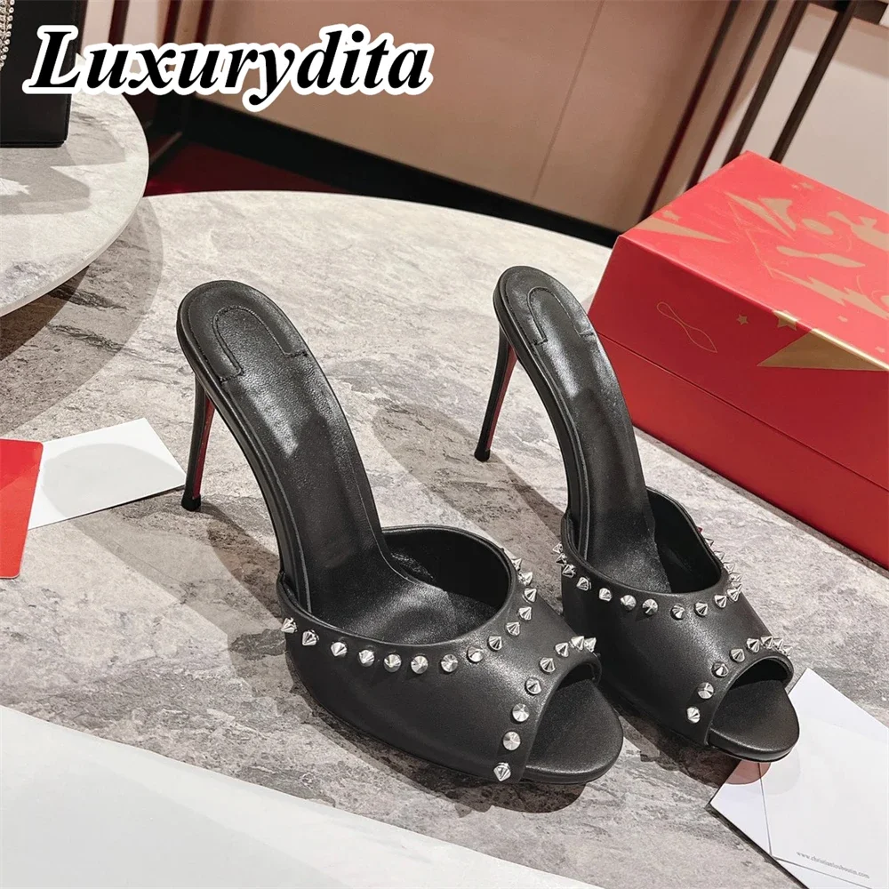 

LUXURYDITA Women Sandal Luxury High Heels Designer Can Customize Red Heel Me Dolly Spike Socialite Dinner Mules shoes H108