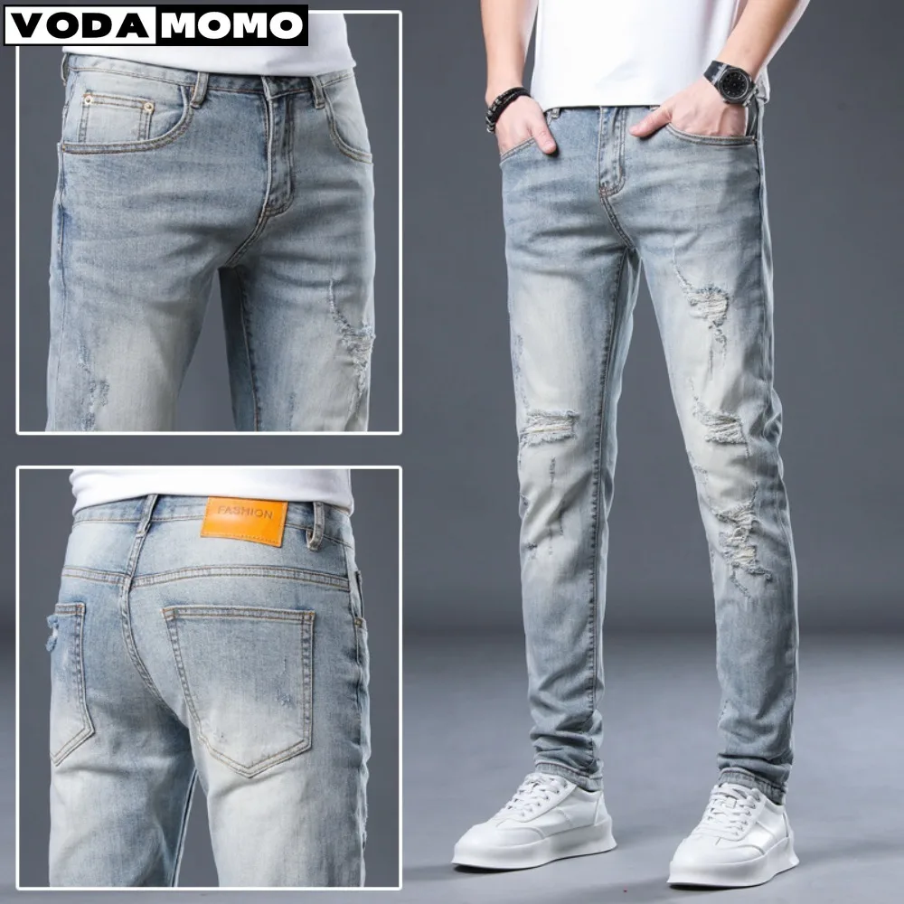 

Ripped Jeans Men Skinny Slim Fit Light Blue Stretch Streetwear Hip Hop Distressed Jeans Male Denim Trousers Patched Punk Jeans