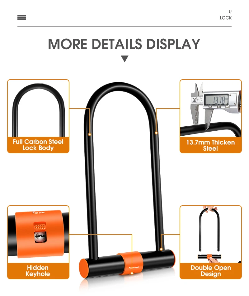 WEST RADFAHREN Carbon Stahl Fahrrad U Schloss Tragbare MTB E-Bike Motorrad Heavy Duty Anti-Diebstahl Sicherheit Vorhängeschloss radfahren Zubehör – Detail 15