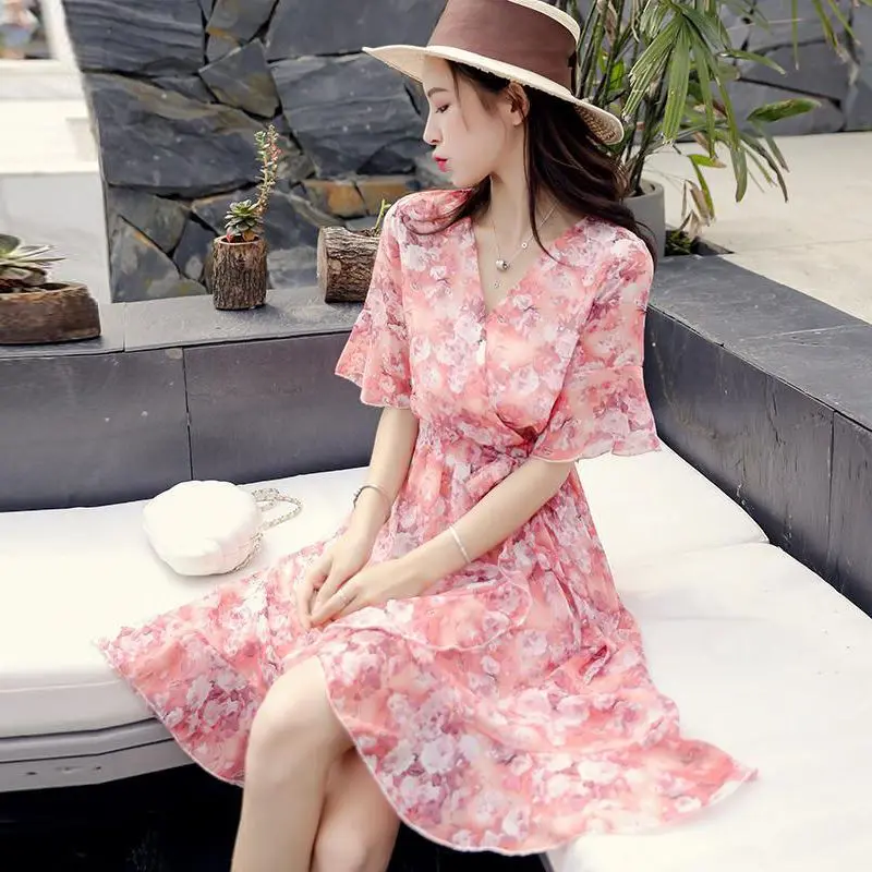 

2024 New Arrival Summer Dress for Women - V-neckline, Floral Print, Tie Waist, Ruffled Hem, and Sweet Style