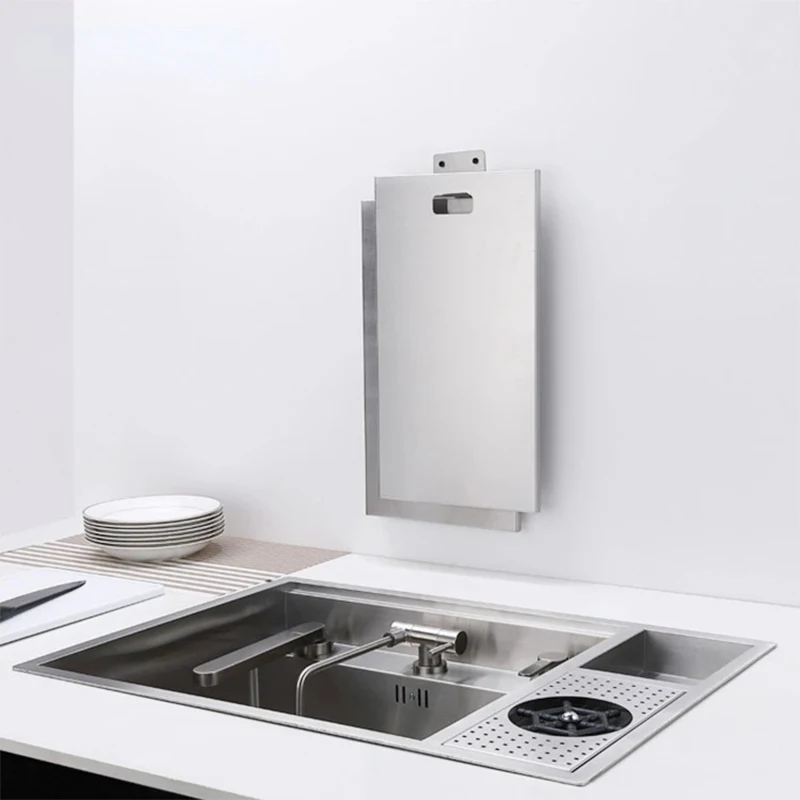 Multifunctional Black Concealed Kitchen Sink with Lid Stainless Steel Bar Built-In Vegetable Sink with Cup Wash Middle Downspout 3