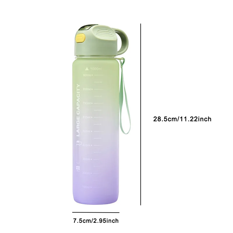 LUSQI 빨대 플라스틱 물컵 스포츠 물병, 그라데이션 색상, 누출 방지, 동기 및 시간 표시, BPA 프리, 1000ml